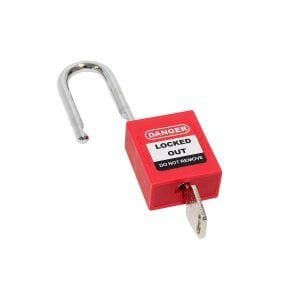 red lockout padlock open